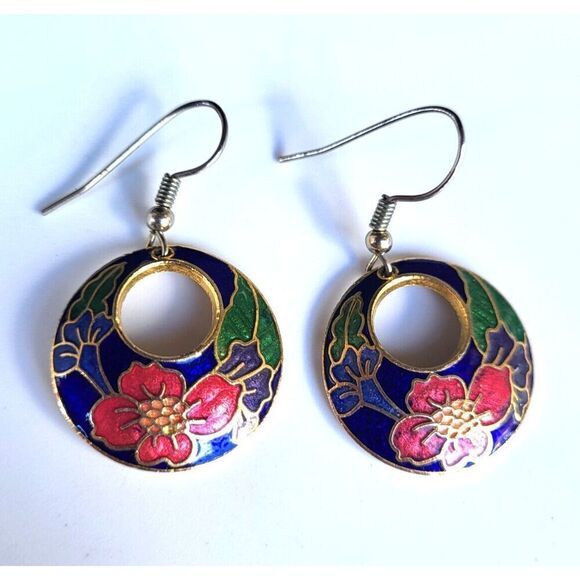 vintage cloisonne earrings on sterling silver hooks 1.5 in - Picture 1 of 4